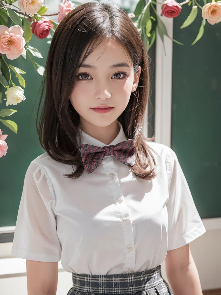(1woman), bob hair, (round eyes:1.2), (highly detailed face and eyes), refreshing smile,  Amazing face and eyes, (school uniform, skirt, bow tie:1.3), (Best Quality:1.4), (Ultra-detailed), (extremely detailed CG unified 8k wallpaper), Highly detailed, High-definition raw color photos, Professional Photography, Realistic portrait, indoors, (casual room, cute wallpapers:1.3), (A moment of relaxation), model, (studio photo shoots, cute backgrounds, many flower decorations), depth of fields, (fine face:1.2), summer,
