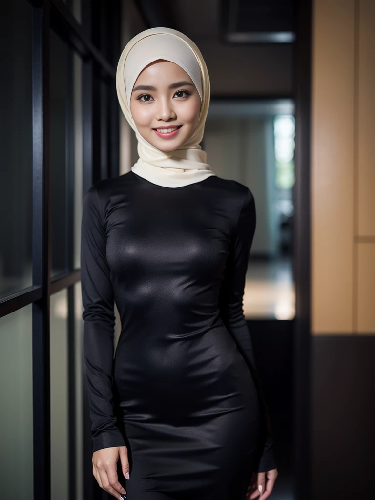 8K, Best Quality, 1girl, (skindentation), Night, (Dark), Clear Background Indoors, 36 years Old, Hijab Indonesian mature woman, school corridor, Slim body, tight long sleeve dress, Breast about To burst out, blur background, bokeh, smiling, elegant, detailed skin,