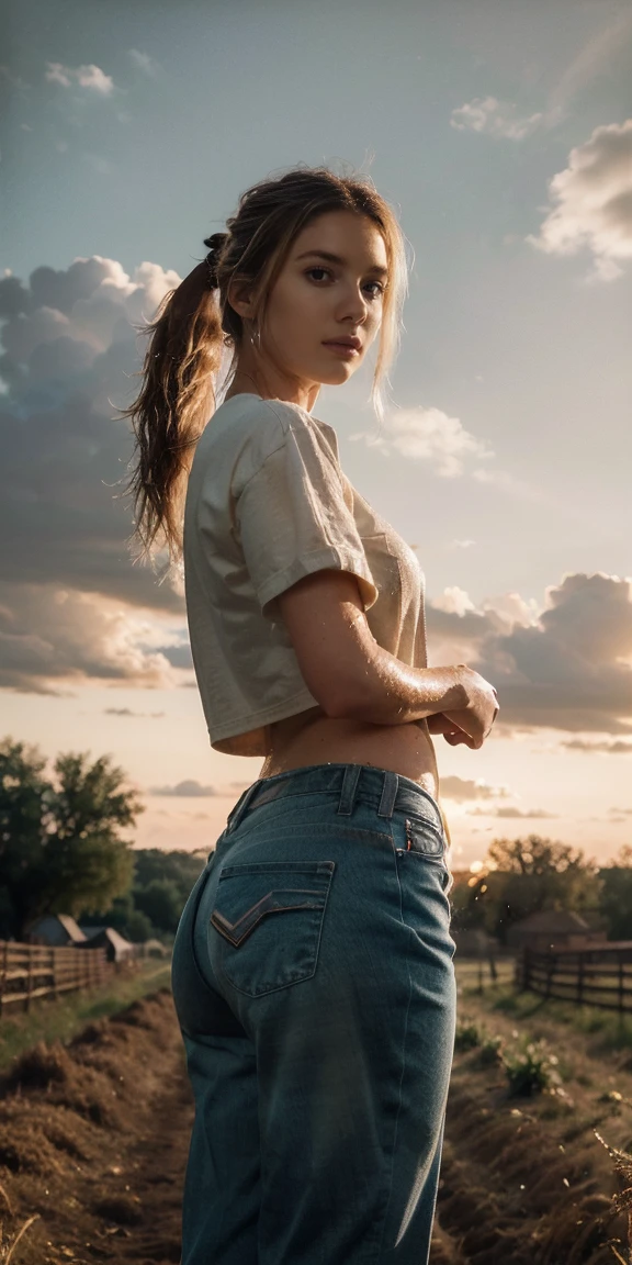 High resolution illustrations, incomparable masterpiece, Ultra-realistic 8k CG, perfect work of art, (fidelity: 1.5), Farm, Rancho, ((evening)), cloudy, ((Lindsay Marie Brewer)), (((Alone))), wet hair, by rubio, single ponytail, Huge , big ass, Natural makeup, ((Casual clothes, Cowboys)), character in the middle, standing.