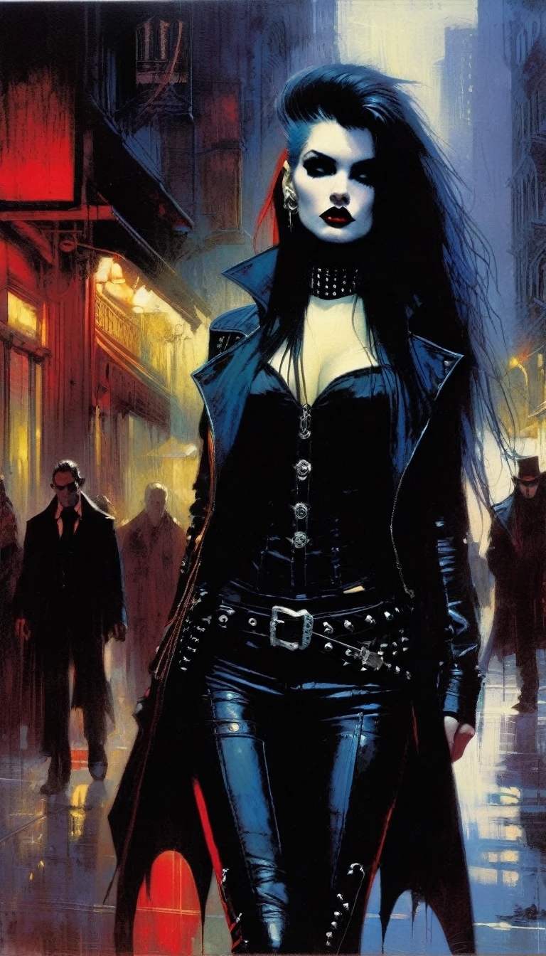 a sexy girl with a punk-gothic appearance and long hair, in the streets of the city of vampires:1.5 (art inspired by Bill Sienkiewicz, oil painting)