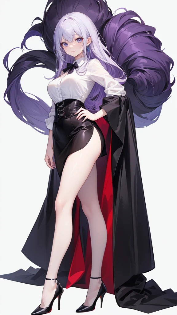 Purple Hair,long hair,Adult female,(suit),White Y-shirt,((Rolling up his sleeves)),(corset),(Black tight skirt),(High heels),Heels are visible,((Simple white background)),smile,((whole body)),((full body)),((((Blank white background))))