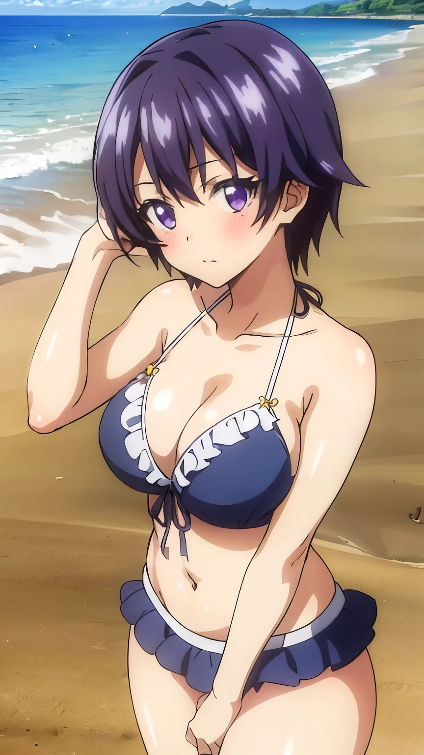 (masterpiece,highest quality, High resolution, 8k:1.2), (anime), highly detailed face, Detailed CG,purple hair,purple eyes,short hair,large medium breasts, (bikini, frills, beach, blushing), stylish pose, stylish angle,looking at the viewer, in the center of the image,cowboy shot,