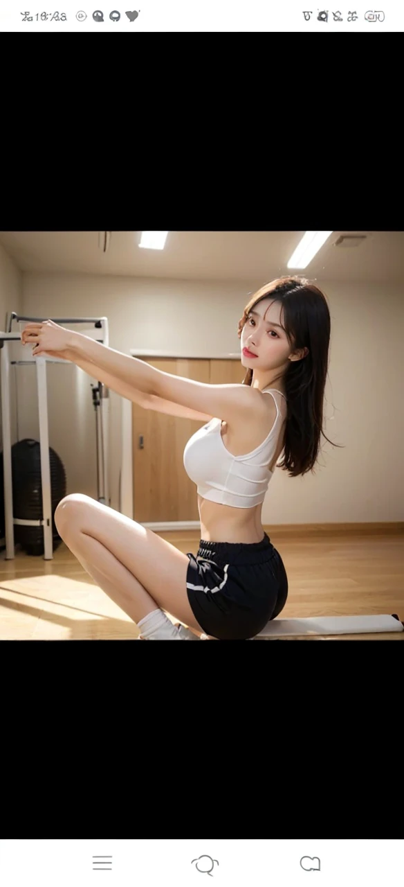 (Photoreal: 1.4), (Smooth lighting: 1.05), (Improved cinematic lighting: 0.9), 32K, Realistic lighting, Backlight, raytrace, (Whitening light: 1.2), (Image enhancement: 1.4), ( Top quality real skins: 1.4), 20-year-old, 1 girl, asian, large breasts, running shorts, indoor gym scene, stretching,
