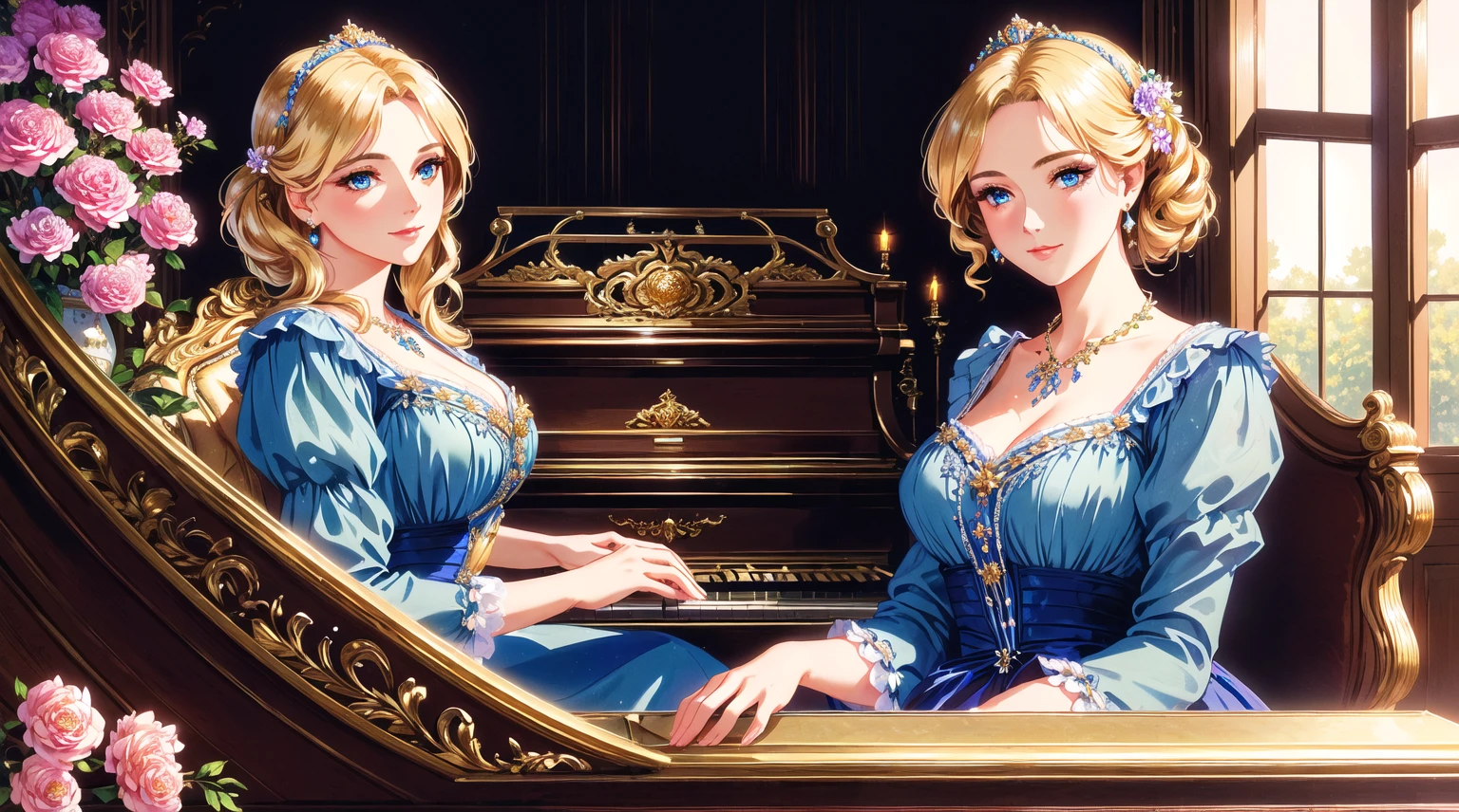 A beutiful realistic scene of a lady in a blue old fashioned dress; lady perfect eyes, lady perfect face, lady perfect hands; the background is large and vintage, a ancient house with a golden piano and a lot of flowers; masterpiece; ultra hd, 4k