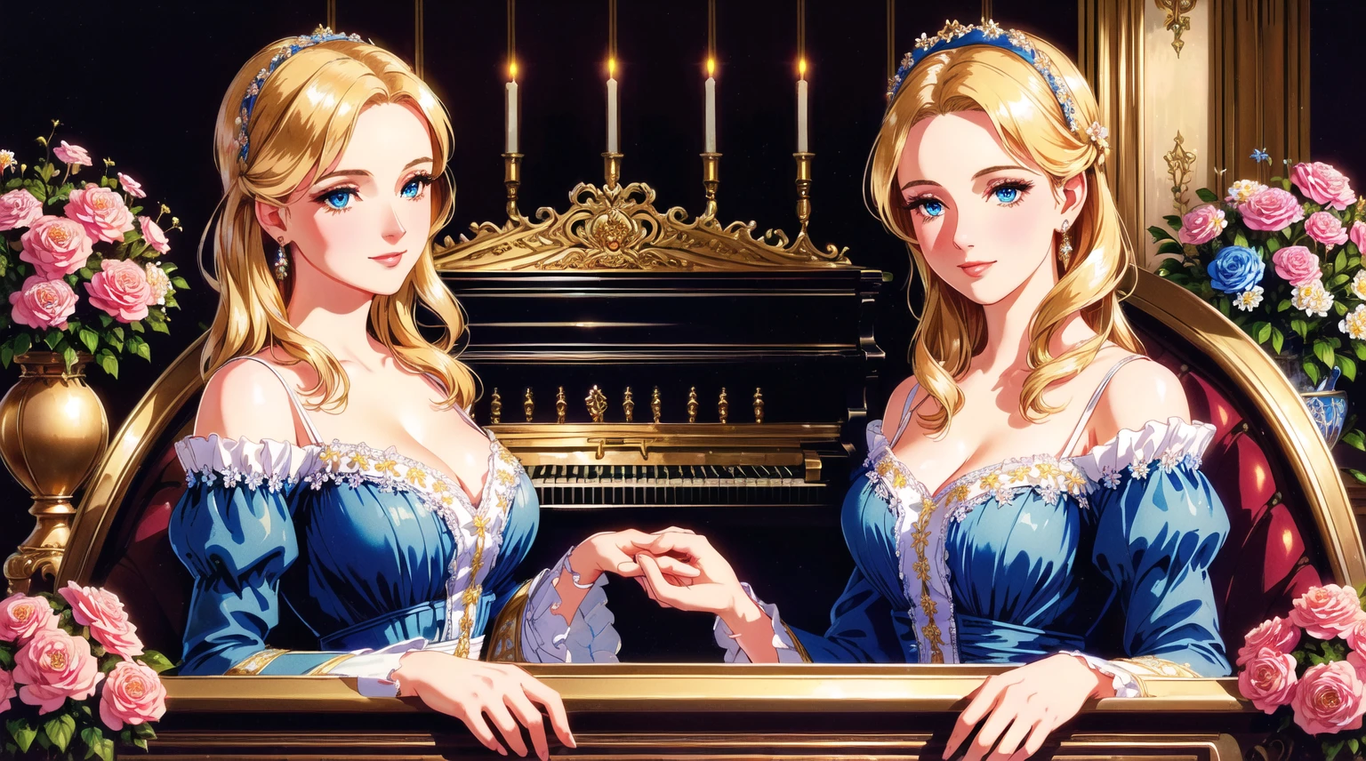 A beutiful realistic scene of a lady in a blue old fashioned dress; lady perfect eyes, lady perfect face, lady perfect hands; the background is large and vintage, a ancient house with a golden piano and a lot of flowers; masterpiece; ultra hd, 4k