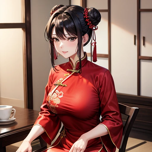 Mature Woman　Wearing a red Chinese dress､肉まんを作っているMature Woman　Large Breasts　Black Hair　Bun Hair