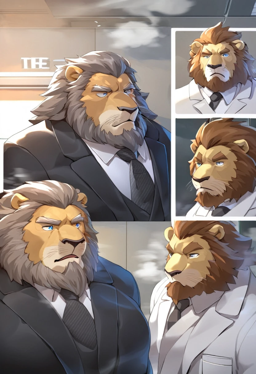 lion,personification,Mature male,Strong Man,Beard,Cold expression,Blue pupils,Brown eyebrows,Black suit suit,The Age of Steam,Hospital Office。