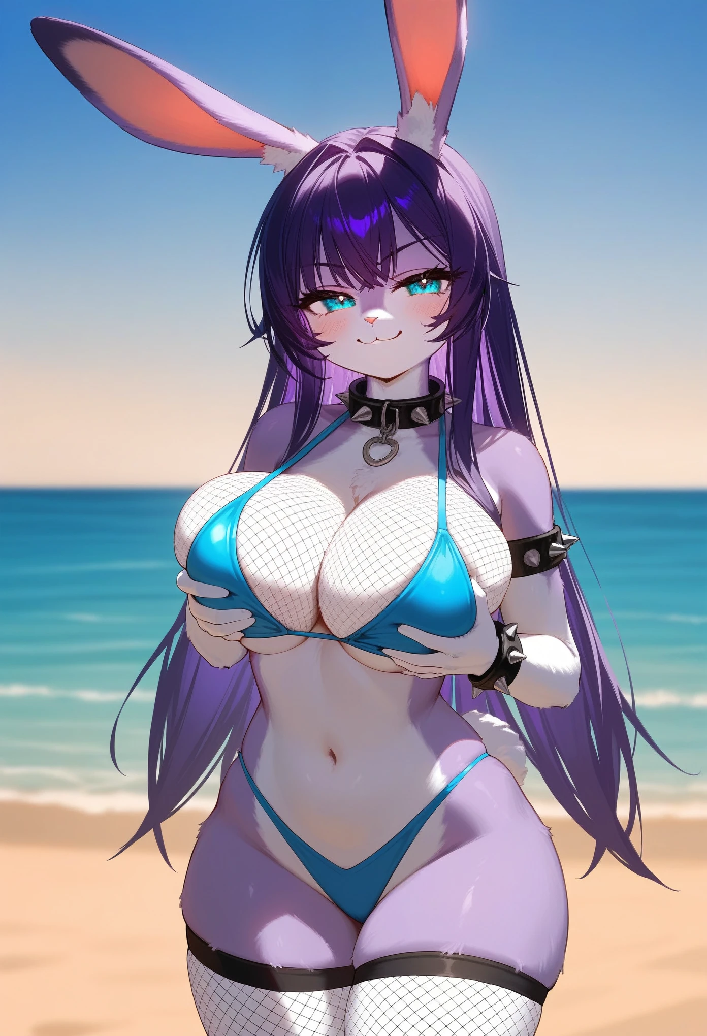 solo, uploaded the e621, detailed portrait of a female anthro Rabbit, zenematic lighting, standing, smug smile, (half-closed eyes), purple Hair, purple Tail, (slutty blue microkini, Fishnet stockings, spiked collar, spiked wristband), (cyan eyes), looking at the viewer, (big breasts, hips), (rabbit), (beach, sunny day), (white and purple body, two-tone fur), extremely detailed, extremely detailed legs, extremely detailed arms, extremely detailed face, perfectly detailed eyes, perfectly detailed anatomy), perfect lighting, seductive, breast grab, (breast lift), presenting breasts, smug,