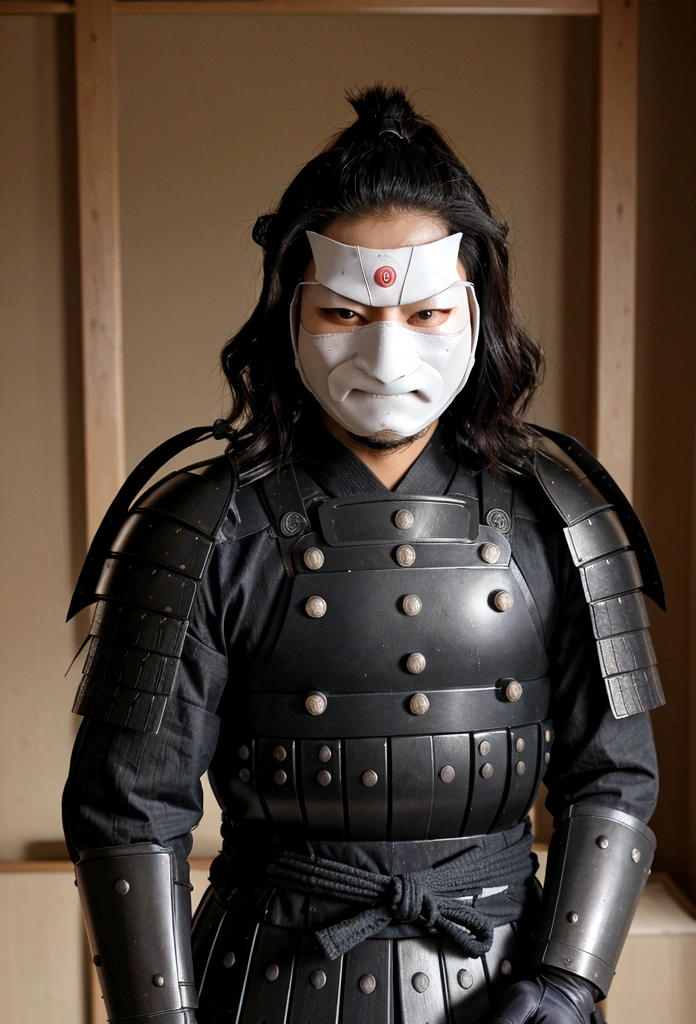 Japanese samurai wear ghost masks，without a helmet, urban samurai, epic image, ero,frontal photo，Extremely meticulous，Full Armor，Front photos，relaxante，without a helmet，curly hair，black armour，broken armor，The body is not clean，bleed，Combat posture，on battlefield，standing posture，getting ready to fight，