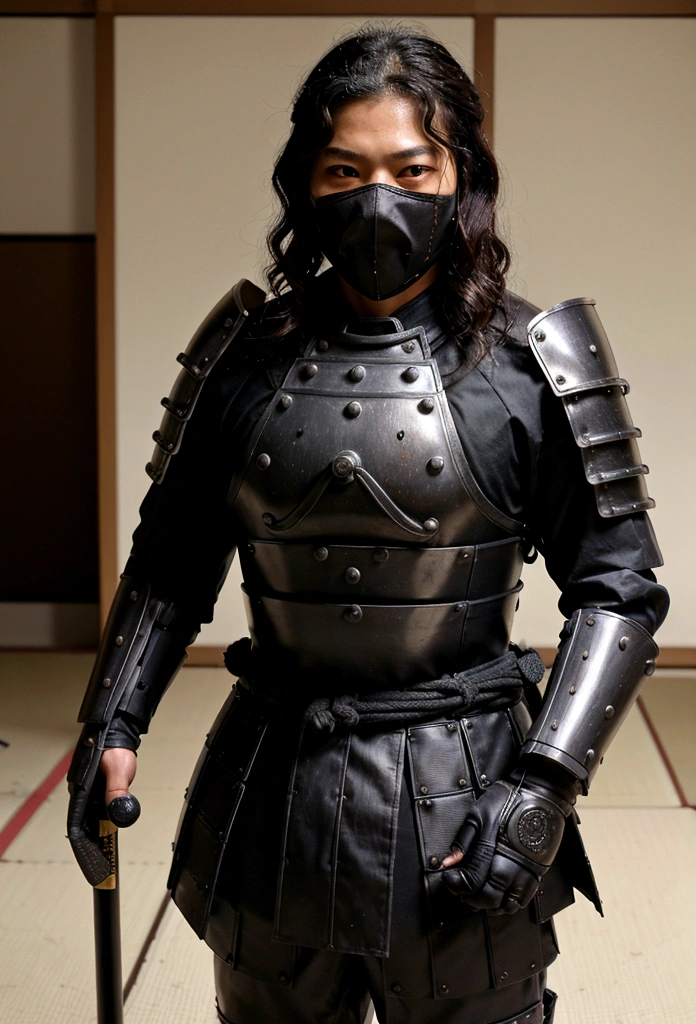 Japanese samurai wear ghost masks，without a helmet, urban samurai, epic image, ero,frontal photo，Extremely meticulous，Full Armor，Front photos，relaxante，without a helmet，curly hair，black armour，broken armor，The body is not clean，bleed，Combat posture，on battlefield，standing posture，getting ready to fight，