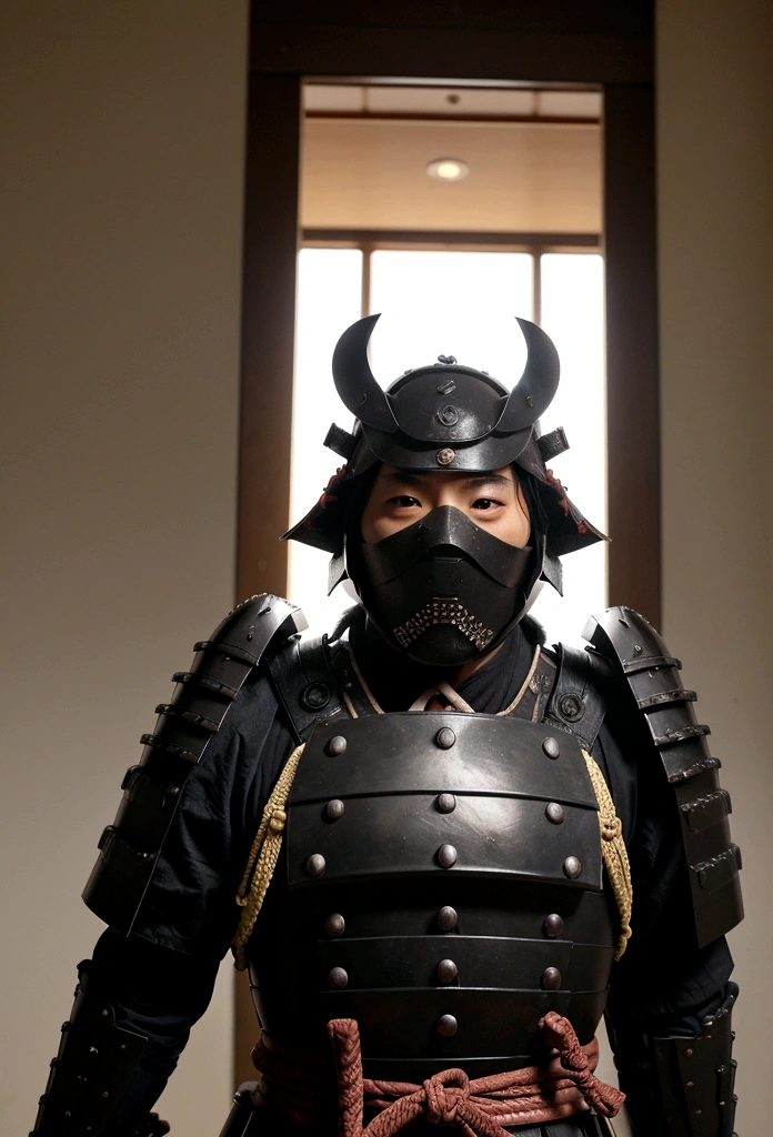 Japanese samurai wear ghost masks，without a helmet, urban samurai, epic image, ero,frontal photo，Extremely meticulous，Full Armor，Front photos，relaxante，without a helmet，curly hair，black armour，broken armor，The body is not clean，bleed，Combat posture，on battlefield，standing posture，getting ready to fight，