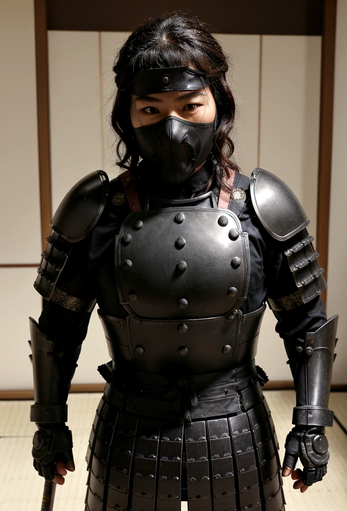 Japanese samurai wear ghost masks，without a helmet, urban samurai, epic image, ero,frontal photo，Extremely meticulous，Full Armor，Front photos，relaxante，without a helmet，curly hair，black armour，broken armor，The body is not clean，bleed，Combat posture，on battlefield，standing posture，getting ready to fight，