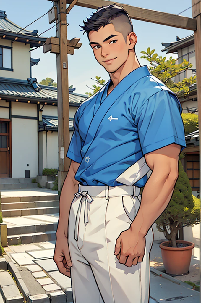 ((Artwork)), ((Masterpiece)), 4K, very detailed face, anime style, 1 boy, buzzcut hair, latino, 18-year-old face, tall, wears blue uniform, Japanese student uniform, Japanese school scenery, looking at screen, smiling, has a fat and strong body.