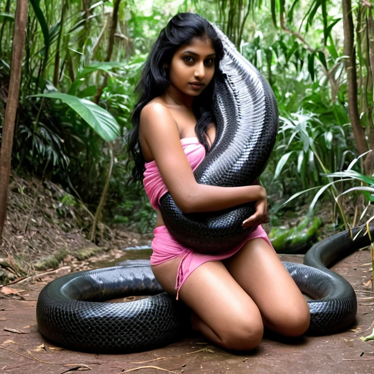 Topless pink thong wearing aroused horny beautiful happy indian girl vs Giant black anaconda monster wrapped around her body squeezing her in coiled embrace cuddling and kissing sexual erotic bestiality sex realistic in the rainforest full body, best quality wet
