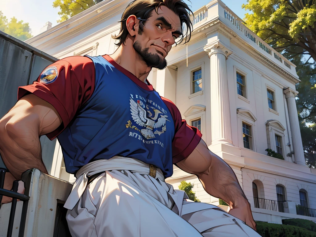 Abraham Lincoln defending the White House, dressed as Super Hero, a sunny day, image for t-shirt print