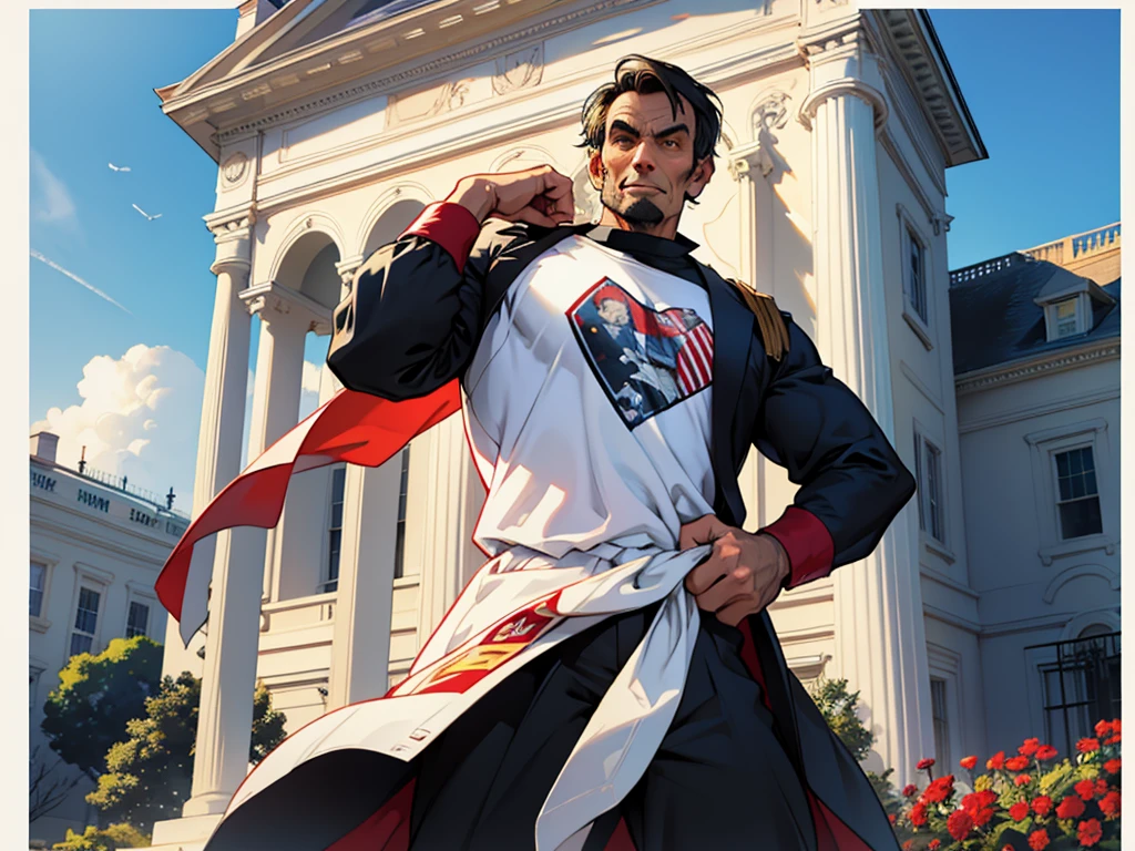 Abraham Lincoln defending the White House, dressed as Super Hero, a sunny day, image for t-shirt print