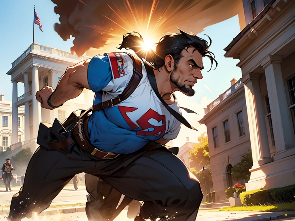 Abraham Lincoln defending the White House, dressed as Super Hero, a sunny day, image for t-shirt print