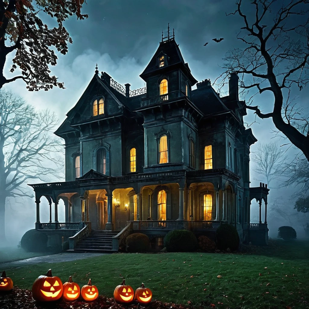 Create a spooky Halloween scene featuring an old, decrepit mansion shrouded in mist. Illuminate it with eerie, flickering candles in the windows. Add ghostly figures drifting around the mansion's grounds.
