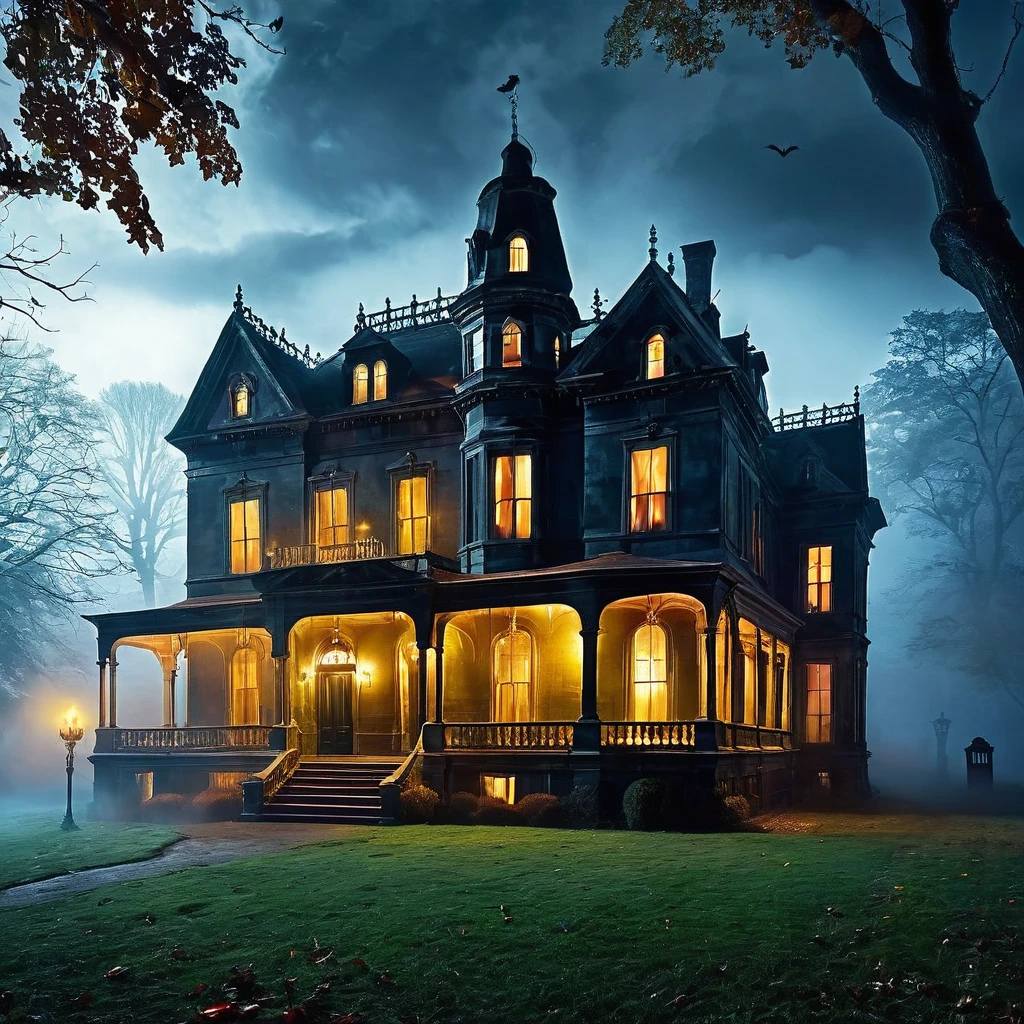 Create a spooky Halloween scene featuring an old, decrepit mansion shrouded in mist. Illuminate it with eerie, flickering candles in the windows. Add ghostly figures drifting around the mansion's grounds.