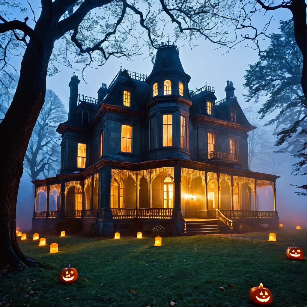 Create a spooky Halloween scene featuring an old, decrepit mansion shrouded in mist. Illuminate it with eerie, flickering candles in the windows. Add ghostly figures drifting around the mansion's grounds.