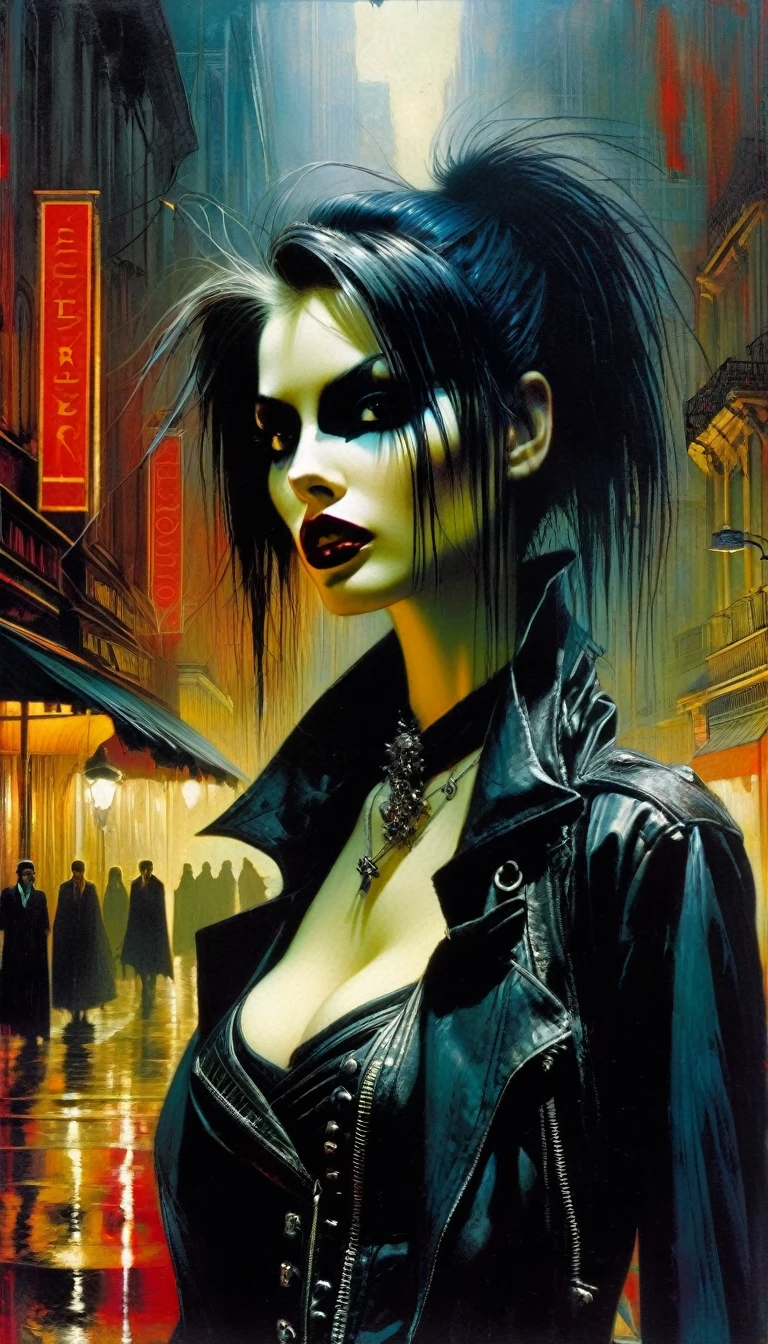 a sexy girl with a punk-gothic appearance and long hair, in the streets of the city of vampires:1.5 (art inspired by Bill Sienkiewicz, oil painting) (best quality,4k,8k,highres,masterpiece:1.2),ultra-detailed,(realistic,photorealistic,photo-realistic:1.37),intricate details,vivid colors,sharp focus,professional,Dave McKean artwork, oil touch of surrealism,oil painting style