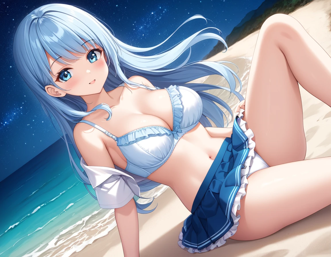 A cute white shirt that makes her look beautiful 、Blue 3 that fits through the white shirt/4 Cup Bra、Light blue frilled flared skirt、She holds up her skirt with both hands、Showing off her cute white underwear、The white underwear you can see when you lift up your skirt is cute、Sandy Beach, Beautiful sea, Night and starry sky