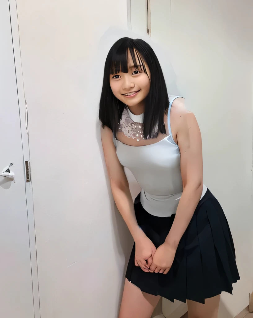 Highest quality,Super detailed,One high school girl,Turn slightly to the side and look at me,Slightly leaning forward,Holding down her skirt with both hands,Wearing a sleeveless white top,black pleated mini skirt,Posing for a photo