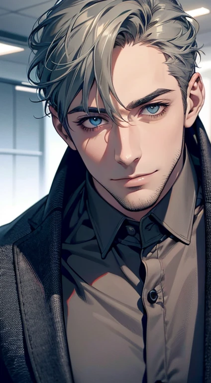 (best quality,4k,8k,highres,masterpiece:1.2),ultra-detailed,(realistic,photorealistic,photo-realistic:1.37),1 man,31 years old,mature man,very handsome,without expression,smile,short grey green hair,blue eyes,penetrating gaze,perfect face without errors,imposing posture,businessman,office background,cinematic lighting,hdr image