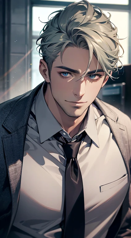 (best quality,4k,8k,highres,masterpiece:1.2),ultra-detailed,(realistic,photorealistic,photo-realistic:1.37),1 man,31 years old,mature man,very handsome,without expression,smile,short grey green hair,blue eyes,penetrating gaze,perfect face without errors,imposing posture,businessman,office background,cinematic lighting,hdr image