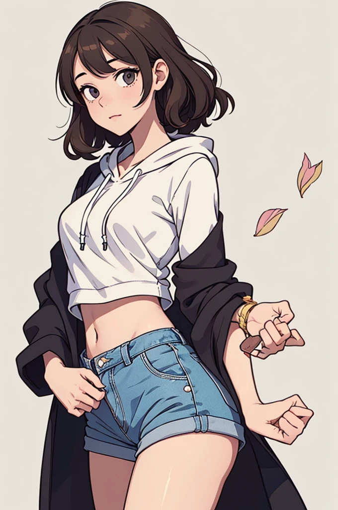 (((masterpiece, best quality, ultra highres, 1 girl, solo, no background))), super detailed skin and face and eyes and finger, beautiful japanese woman, small breasts:1.5, skinny, light brown hair, white background, very short pixie hair, (an illustration of girl), Knee shot, Generate with illustrations, Various expressions, Various poses, Please draw the entire character within the frame, ensuring that the head, arms, and legs are not cut off. The background should be simple, with the character positioned centrally, outline, anime, hoodie, curly hair,