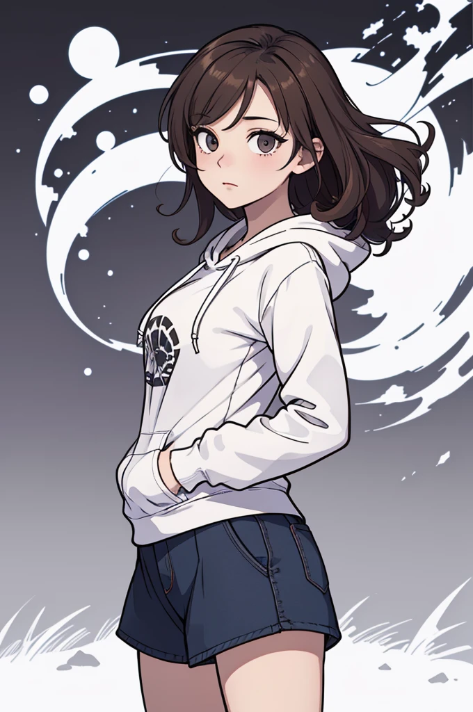 (((masterpiece, best quality, ultra highres, 1 girl, solo, no background))), super detailed skin and face and eyes and finger, beautiful japanese woman, small breasts:1.5, skinny, light brown hair, white background, very short pixie hair, (an illustration of girl), Knee shot, Generate with illustrations, Various expressions, Various poses, Please draw the entire character within the frame, ensuring that the head, arms, and legs are not cut off. The background should be simple, with the character positioned centrally, outline, anime, hoodie, curly hair,