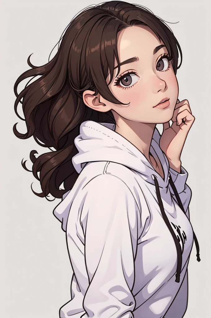 (((masterpiece, best quality, ultra highres, 1 girl, solo, no background))), super detailed skin and face and eyes and finger, beautiful japanese woman, small breasts:1.5, skinny, light brown hair, white background, very short pixie hair, (an illustration of girl), Knee shot, Generate with illustrations, Various expressions, Various poses, Please draw the entire character within the frame, ensuring that the head, arms, and legs are not cut off. The background should be simple, with the character positioned centrally, outline, anime, hoodie, curly hair,