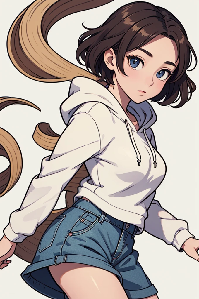 (((masterpiece, best quality, ultra highres, 1 girl, solo, no background))), super detailed skin and face and eyes and finger, beautiful japanese woman, small breasts:1.5, skinny, light brown hair, white background, very short pixie hair, (an illustration of girl), Knee shot, Generate with illustrations, Various expressions, Various poses, Please draw the entire character within the frame, ensuring that the head, arms, and legs are not cut off. The background should be simple, with the character positioned centrally, outline, anime, hoodie, curly hair,