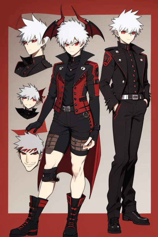 Katsuki Bakugo character sheet from My Hero Academia, Vampire, incubus, red eyes and white hair, bat wings, black clothes, black steampunk pants, red shirt, black vest, pale skin. Looking directly at the viewer