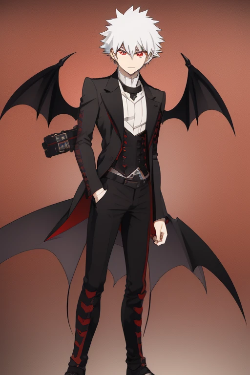 Katsuki Bakugo character sheet from My Hero Academia, Vampire, incubus, red eyes and white hair, bat wings, black clothes, black steampunk pants, red shirt, black vest, pale skin. Looking directly at the viewer