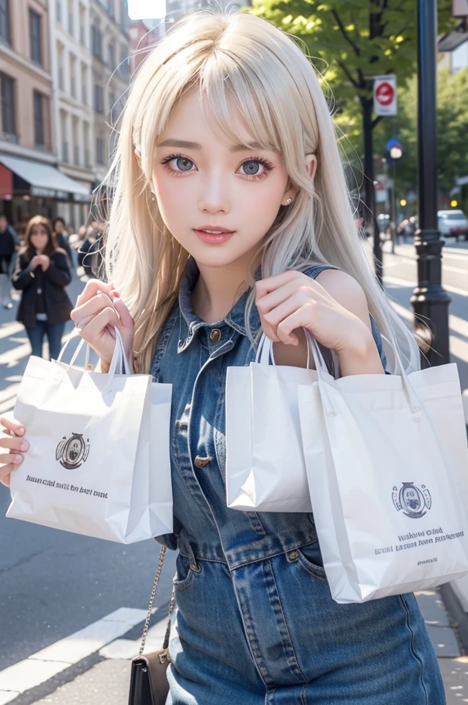 Photorealistic, highest quality, Highest quality, masterpiece, Ultra-high resolution, Raw photo, one girl, woman, Holding a shopping bag, Cute Costumes, In the city, Daytime, Cute face, smile, white hair, long hair, dark clothing, casual outfit, Super Beauty, Realistic skin, Moisturized Skin, Realistic eyes and faces, Perfect model body shape, Beautiful Eyes, Big eyes,