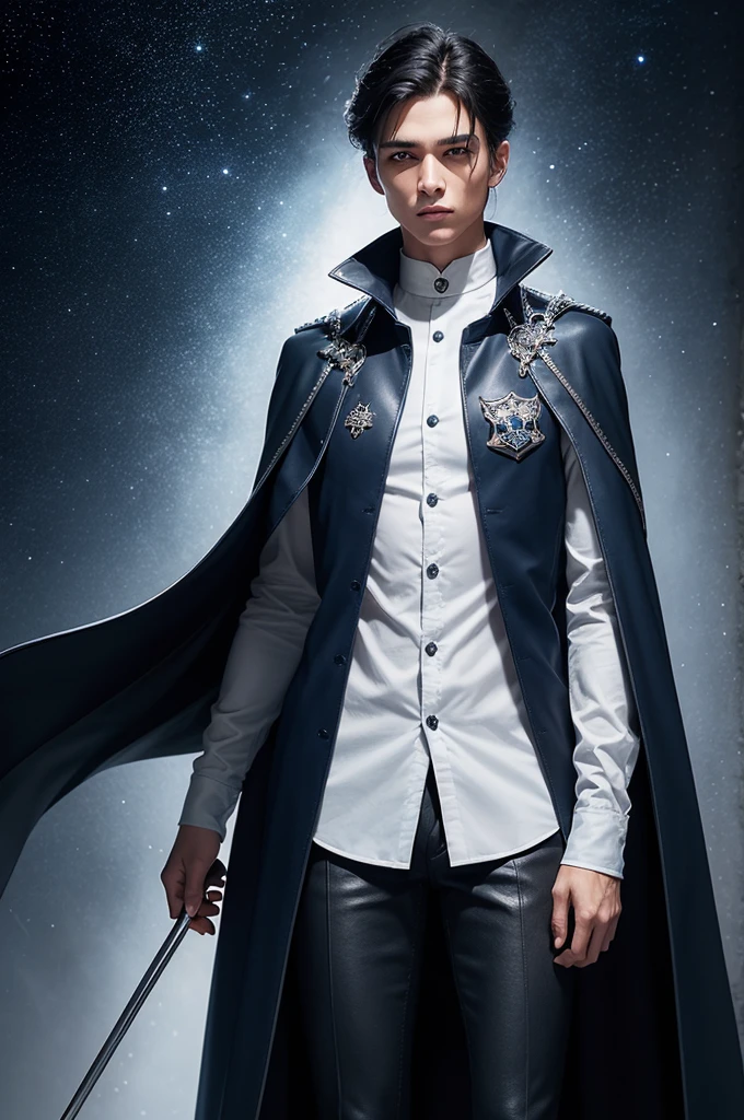 create a masculine outfit with a white long-sleeved shirt, with a high collar and silver buttons. The emblem of the Wizarding Academy, a symbol surrounded by stars, It is embroidered on the left chest. with a dark blue vest with silver details, adjusted to the body. It has internal pockets to store small items, with dark blue pants, A long dark blue cape with a silver lining. The cover has silver clasps and the Academy emblem embroidered on the back. with black leather boots, with silver buckles and a black leather belt with silver buckle