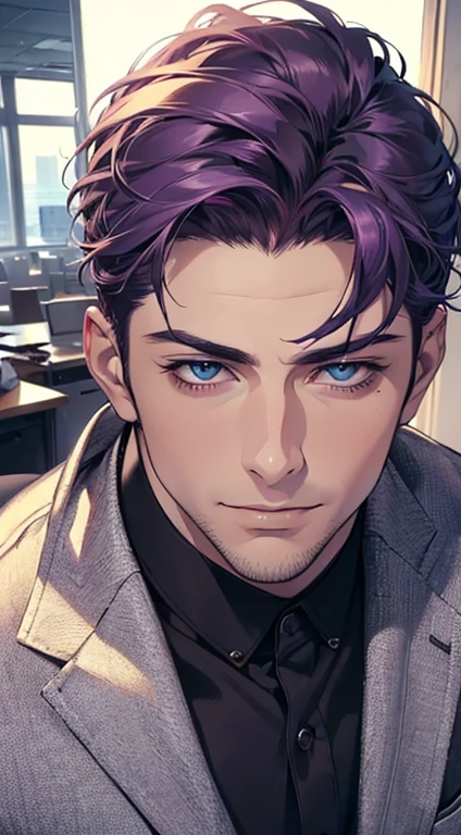 (best quality,4k,8k,highres,masterpiece:1.2),ultra-detailed,(realistic,photorealistic,photo-realistic:1.37),1 man,31 years old,mature man,very handsome,without expression,smile,short purple hair,blue eyes,penetrating gaze,perfect face without errors,imposing posture,businessman,office background,cinematic lighting,hdr image