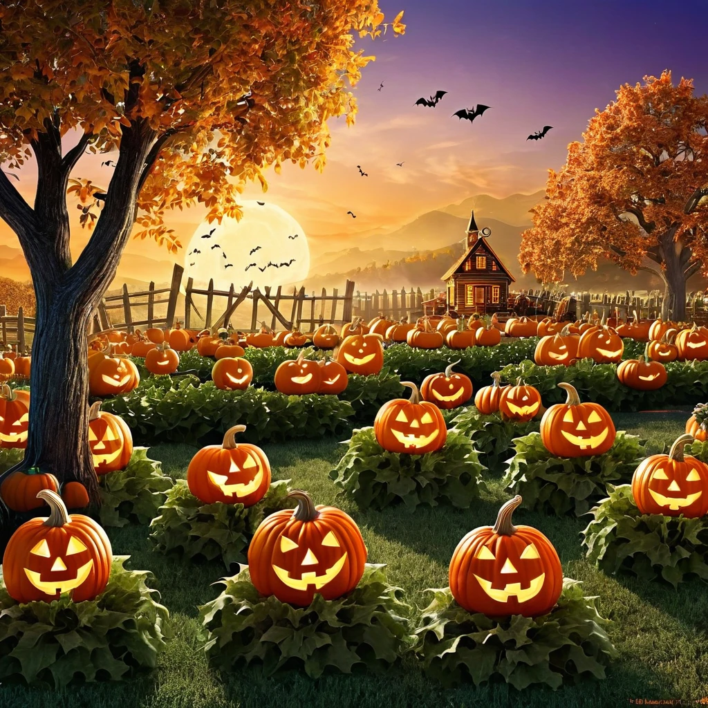 Design a Halloween landscape with a pumpkin patch bathed in the soft light of a setting sun. Include mischievous scarecrows and whimsical jack-o'-lanterns.