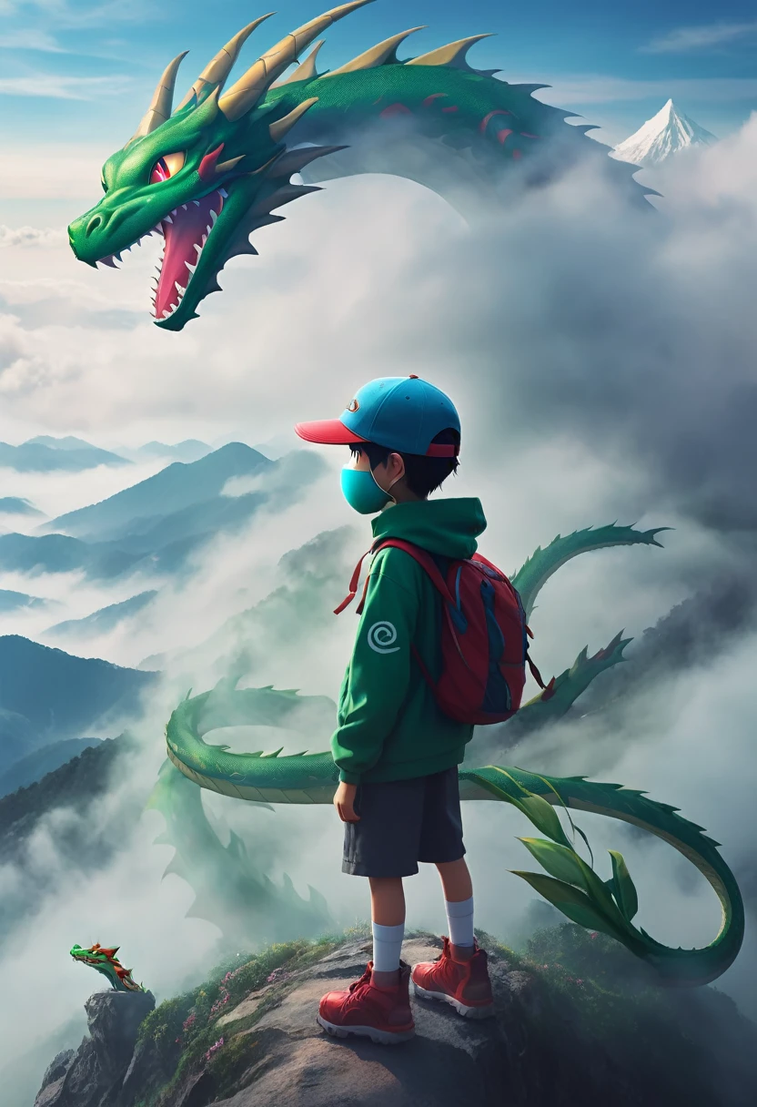 Make a picture of a boy standing with a cap covering his face while standing on a mountain., while behind him there is a dragon similar to Rayquaza from Pokémon but in his mega. There is a lot of fog