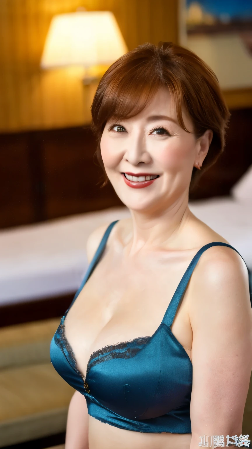 super high quality, Background Blur, In a hotel room, gravure, Look forward, 55 years old, ，Fat belly，Very plump, From the chest up, masterpiece, Highest quality, Very detailed, Realistic, Ultra-dense skin, Perfect Anatomy, Plump Mature Woman, Wrinkles around the eyes, , Big Breasts, In underwear, A shy toothy smile, Chubby, Glamour, sexy, Pure white skin, Looking at the audience,