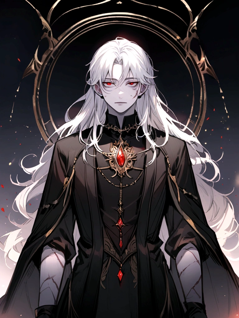 full-length, boy, long white hair, pale skin, black robe, red eyes, calm gaze, bruises under the eyes