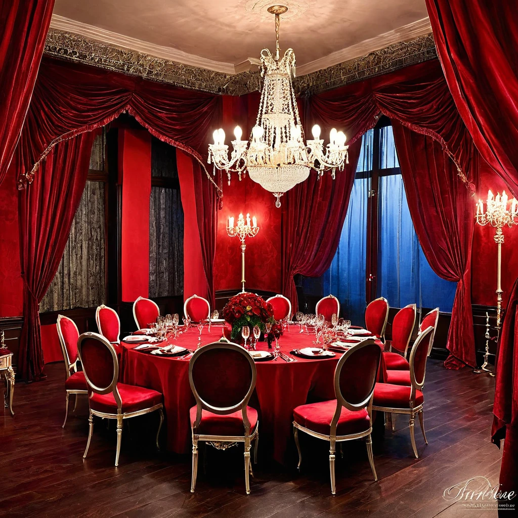 Create a grand, Gothic ballroom where vampires dance under the pale light of a full moon. Adorn the room with elegant, blood-red drapes and ornate chandeliers.