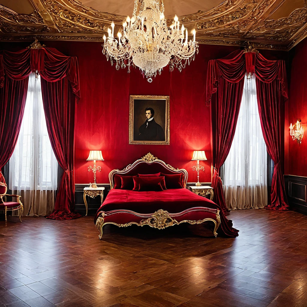 Create a grand, Gothic ballroom where vampires dance under the pale light of a full moon. Adorn the room with elegant, blood-red drapes and ornate chandeliers.