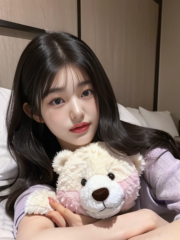 Close-up of a woman lying on a bed with a purple-eyed teddy bear, korean girl, beautiful south korean woman, gorgeous young korean woman, beautiful young korean woman, korean woman, beautiful Asian girl, jaeyeon nam, young and adorable korean face, Young cute pale asian face, jinyoung shin, Asian girl, heonhwa choe, pale korean adorable face