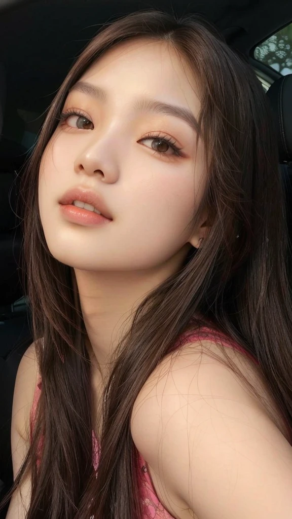 Asian woman with long hair sitting in a car, jennie blackpink, parque roseanne de blackpink, her skin is light brown, jossi do blackpink, gongbi, Asian characteristics, beautiful south korean woman, portrait of jossi do blackpink, south east asian com rosto redondo, Beautiful young Korean woman, asian face, com rosto redondo, adorable and pale korean face