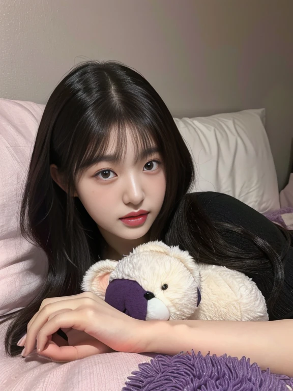 Close-up of a woman lying on a bed with a purple-eyed teddy bear, korean girl, beautiful south korean woman, gorgeous young korean woman, beautiful young korean woman, korean woman, beautiful Asian girl, jaeyeon nam, young and adorable korean face, Young cute pale asian face, jinyoung shin, Asian girl, heonhwa choe, pale korean adorable face