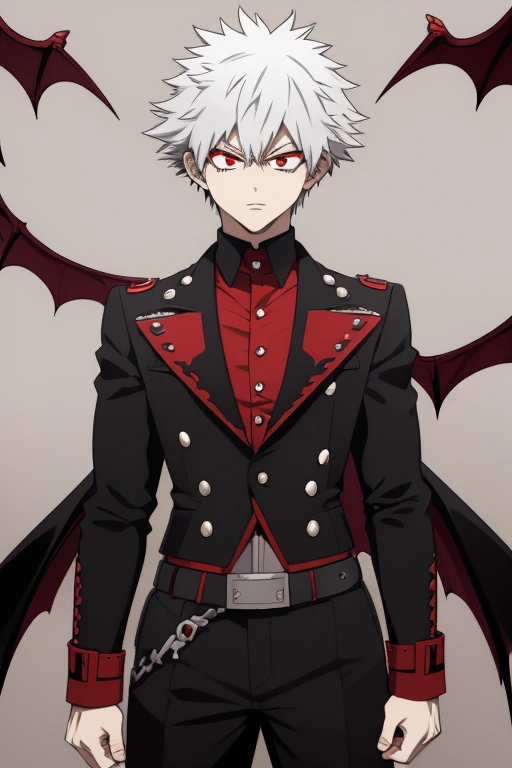 Katsuki Bakugo character sheet from My Hero Academia, Vampire, incubus, red eyes and white hair, bat wings, black clothes, black steampunk pants, red shirt, black vest, pale skin. Looking directly at the viewer