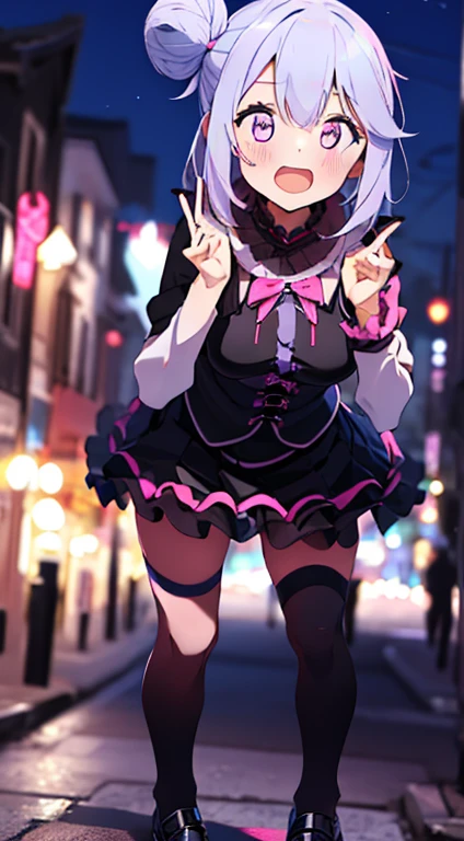 Best image quality、(((Full Body Lesbian))),Character portrait、Excellent style、Beautiful feet、Leather shoes、Dynamic Pose、, young、Gothic ta, (((Light purple hair))), Purple eyes, (mascara), Blunt bangs, ((Hair above the eyes)), Long Hair, Pink mixed hair、Mesh color pink、Medium chest, Frills, good、Black clothes、white bread cover、(((white bun hair accessory cover))),白いFrills, Black Theme, ((Black Chinese Dress)), Faithfully, (((Eye focus))), (((Laughter))), The background is blurred, Hollow Eyes, Black Theme、Displaying the viewer, (((night))), (((hair ornaments))), Neatly cut bangs
