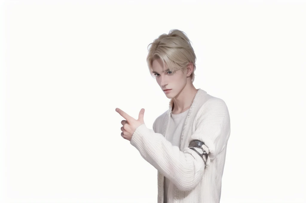 masterpiece, best quality, (extremely detailed CG unity 8k wallpaper), (best quality), (best illustration), (best shadow), absurdres, realistic lighting, (Abyss), beautiful detailed glow, realistic person, a tall young man with grey-blonde hair, blue eyes, and fair skin.